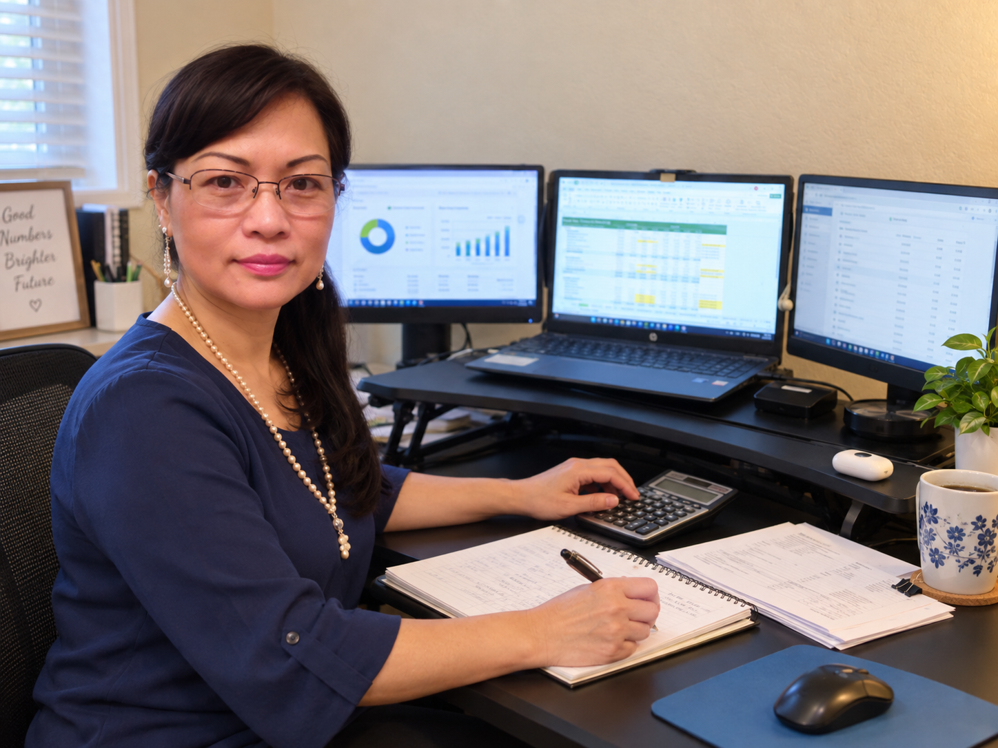 Ann Zeng working at her bookkeeping workstation